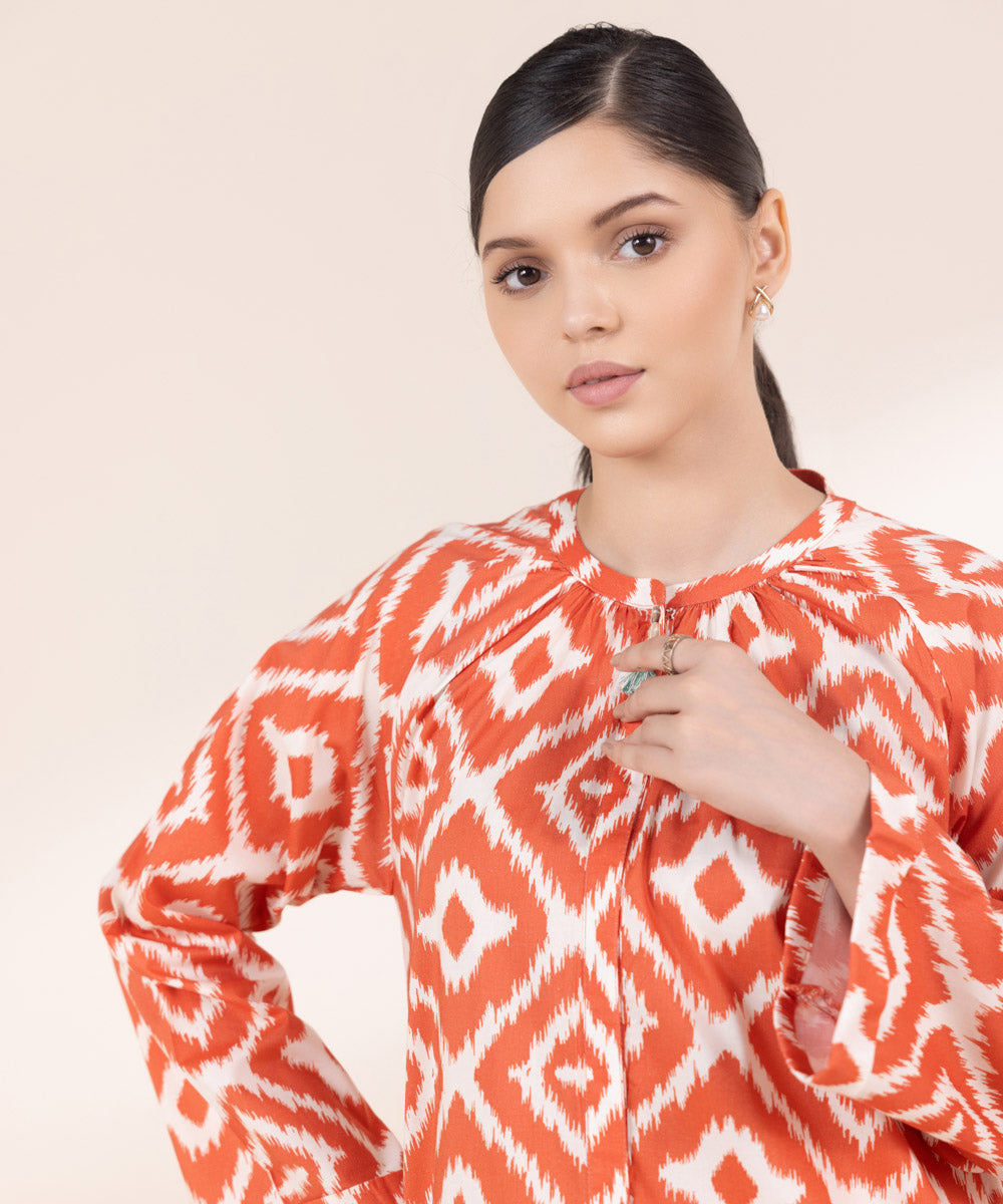 Women's Pret Cotton Viscose Printed Orange Straight Shirt