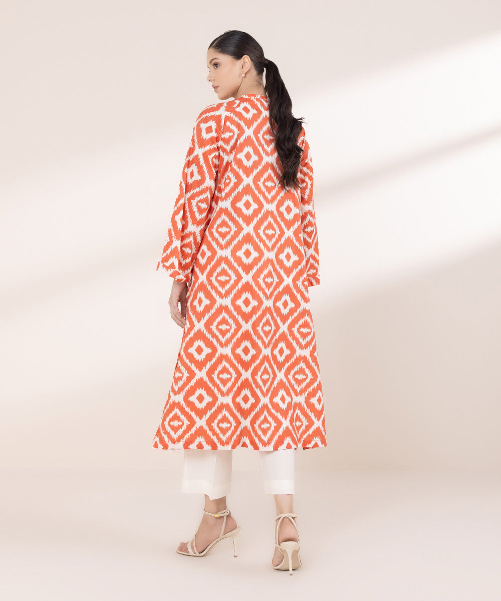 Women's Pret Cotton Viscose Printed Orange Straight Shirt