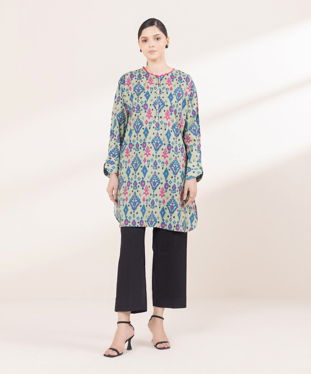 Women's Pret Cotton Viscose Printed Pistachio Green Boxy Shirt