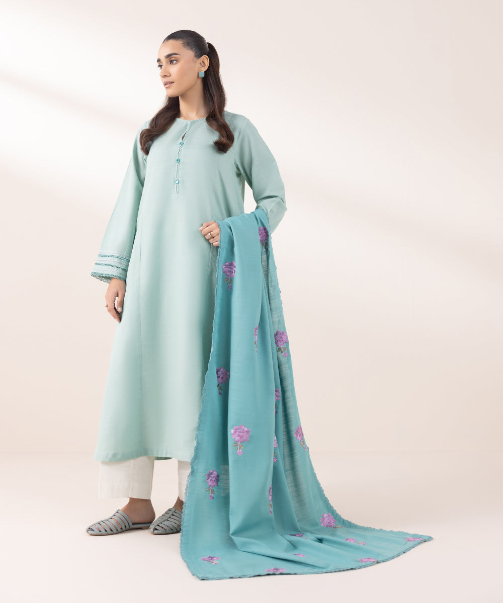 Khaddar Embroidered Turquoise Dupatta