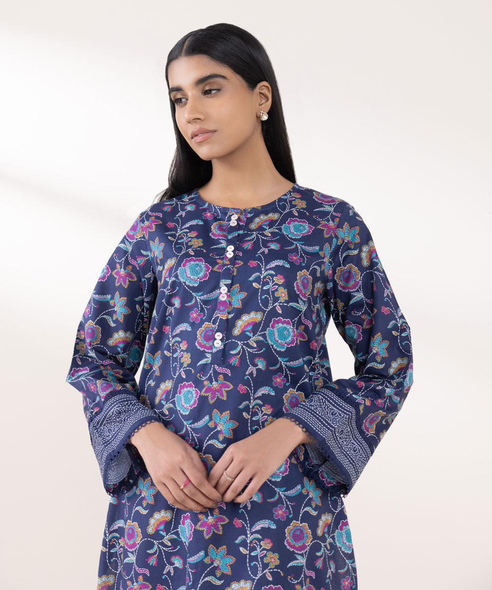 Women's Pret Cotton Viscose Printed Blue A-Line Shirt