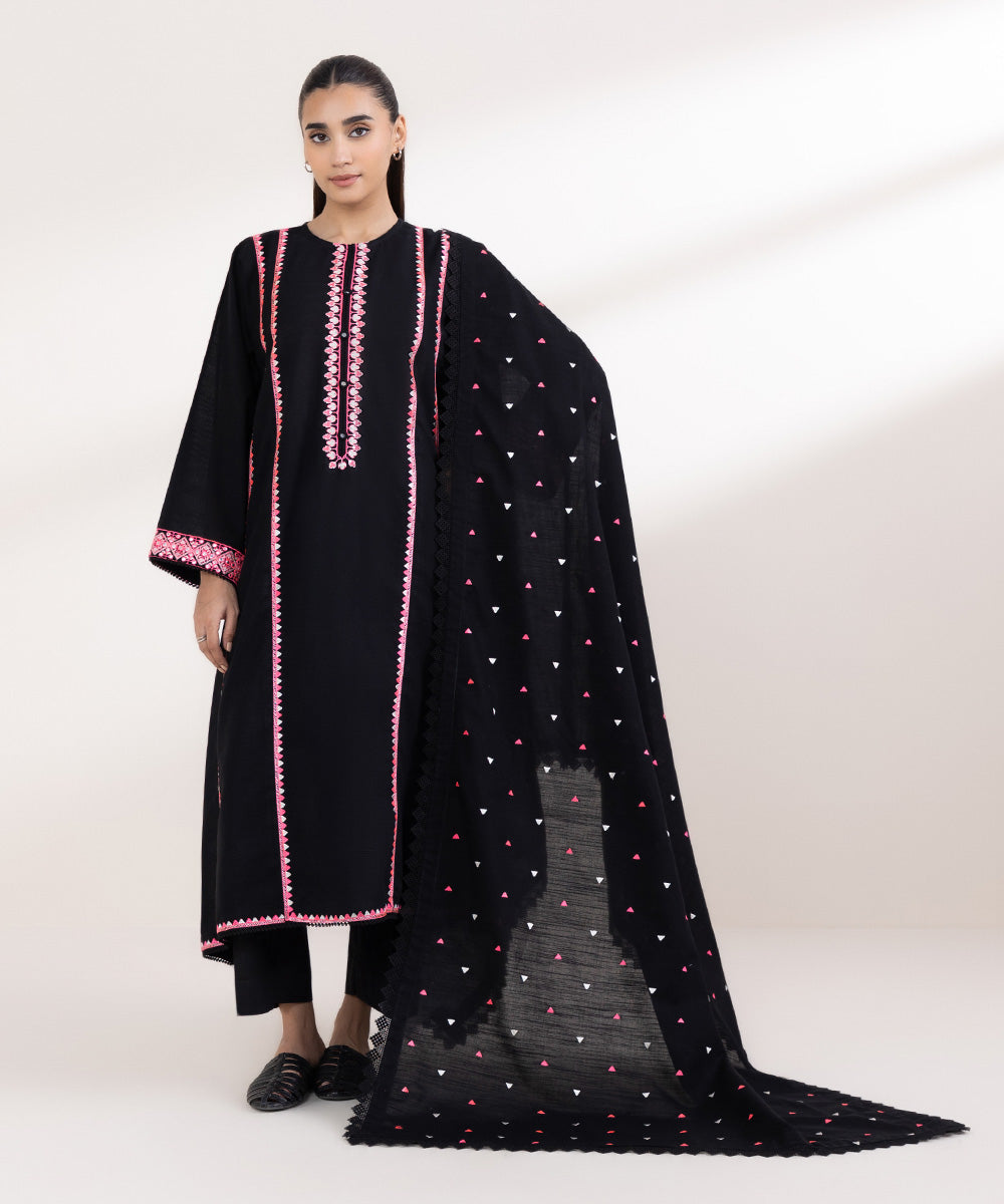 Women's Pret Light Khaddar Embroidered Black Boxy Shirt