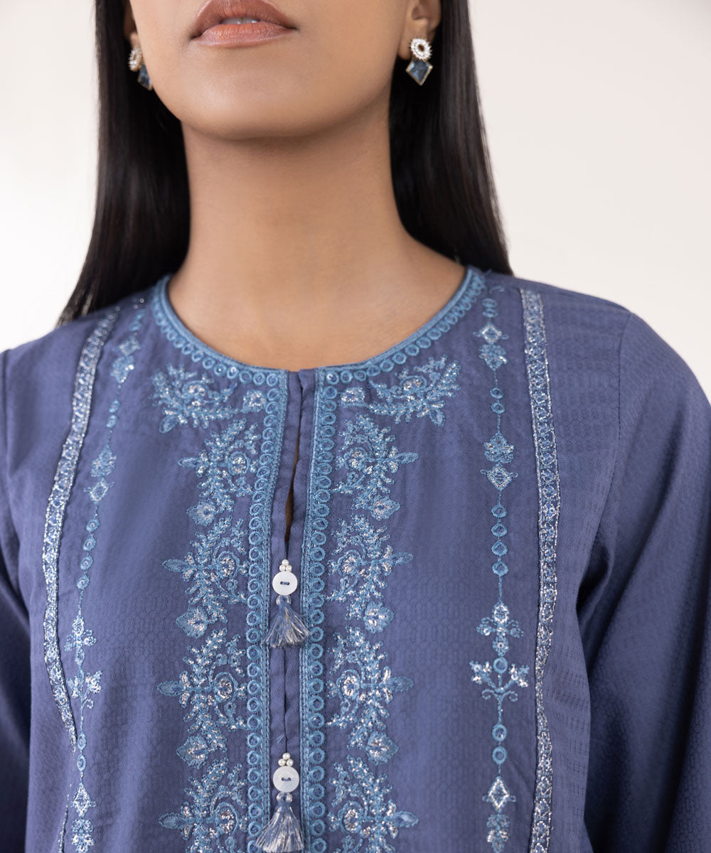 Women's Pret Dobby Embroidered Blue A-Line Shirt