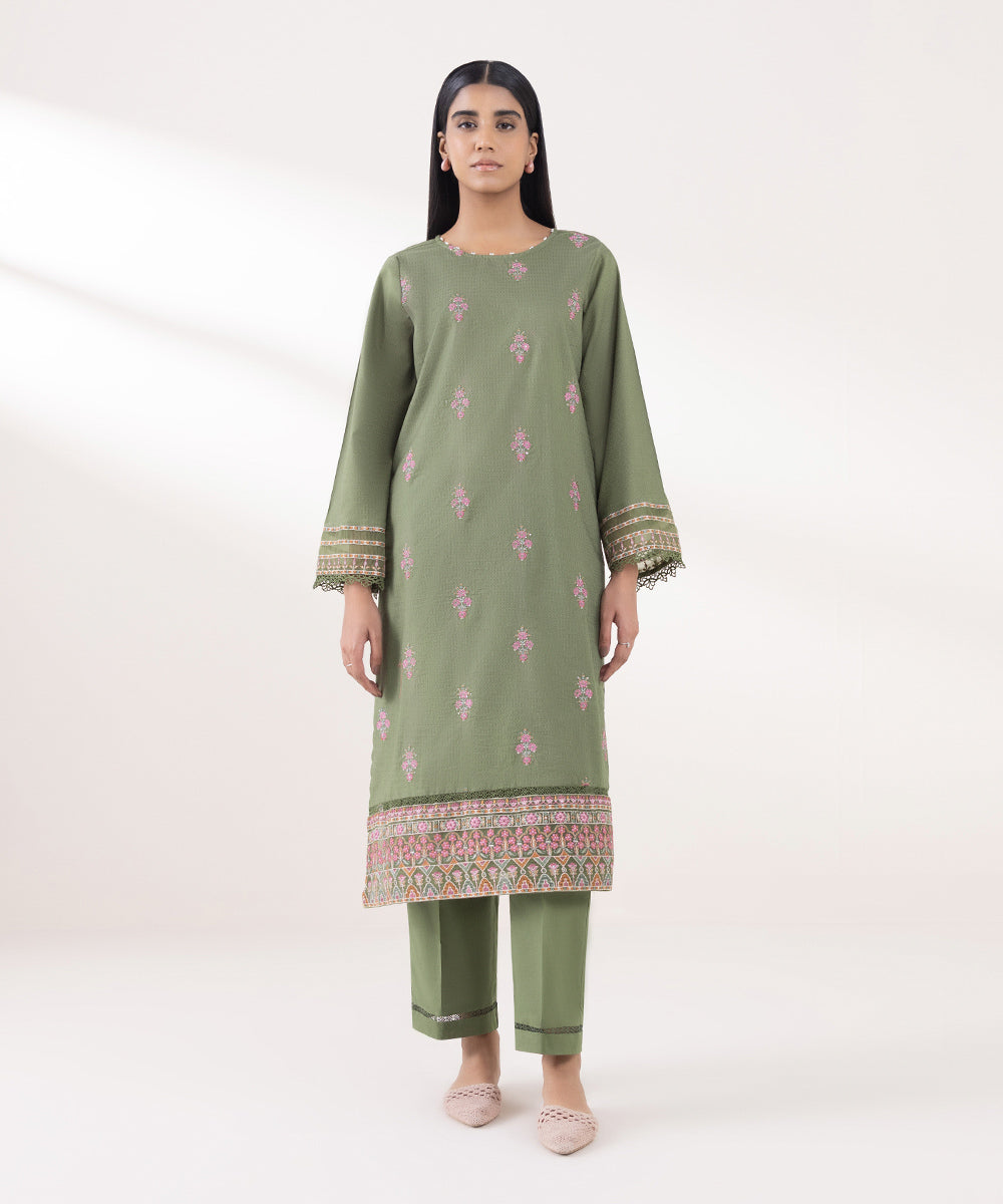 Women's Pret Dobby Embroidered Green A-Line Shirt