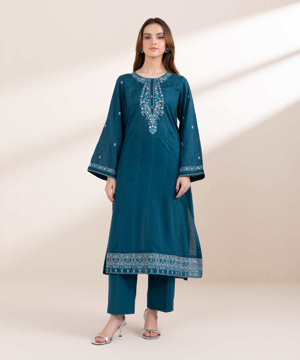 Women's Pret Cotton Jacquard Blue Embroidered A-Line Shirt