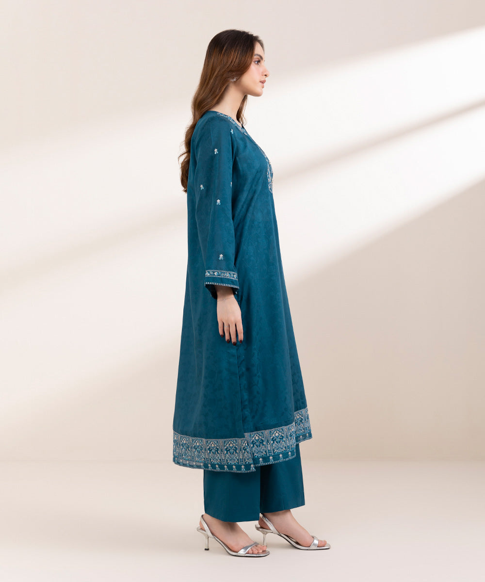 Women's Pret Cotton Jacquard Blue Embroidered A-Line Shirt