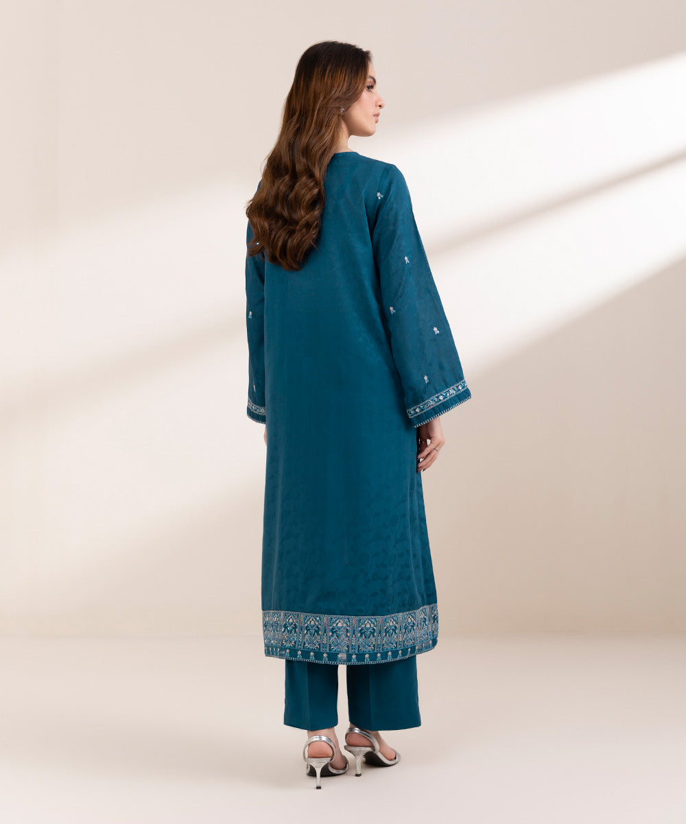 Women's Pret Cotton Jacquard Blue Embroidered A-Line Shirt