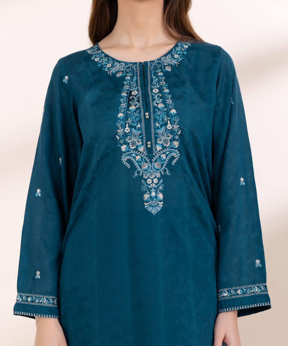 Women's Pret Cotton Jacquard Blue Embroidered A-Line Shirt