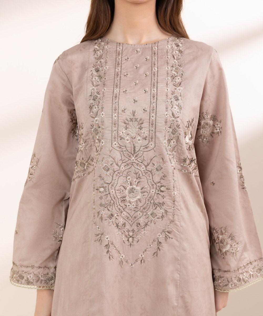 Women's Pret Cotton Jacquard Beige Embroidered A-Line Shirt