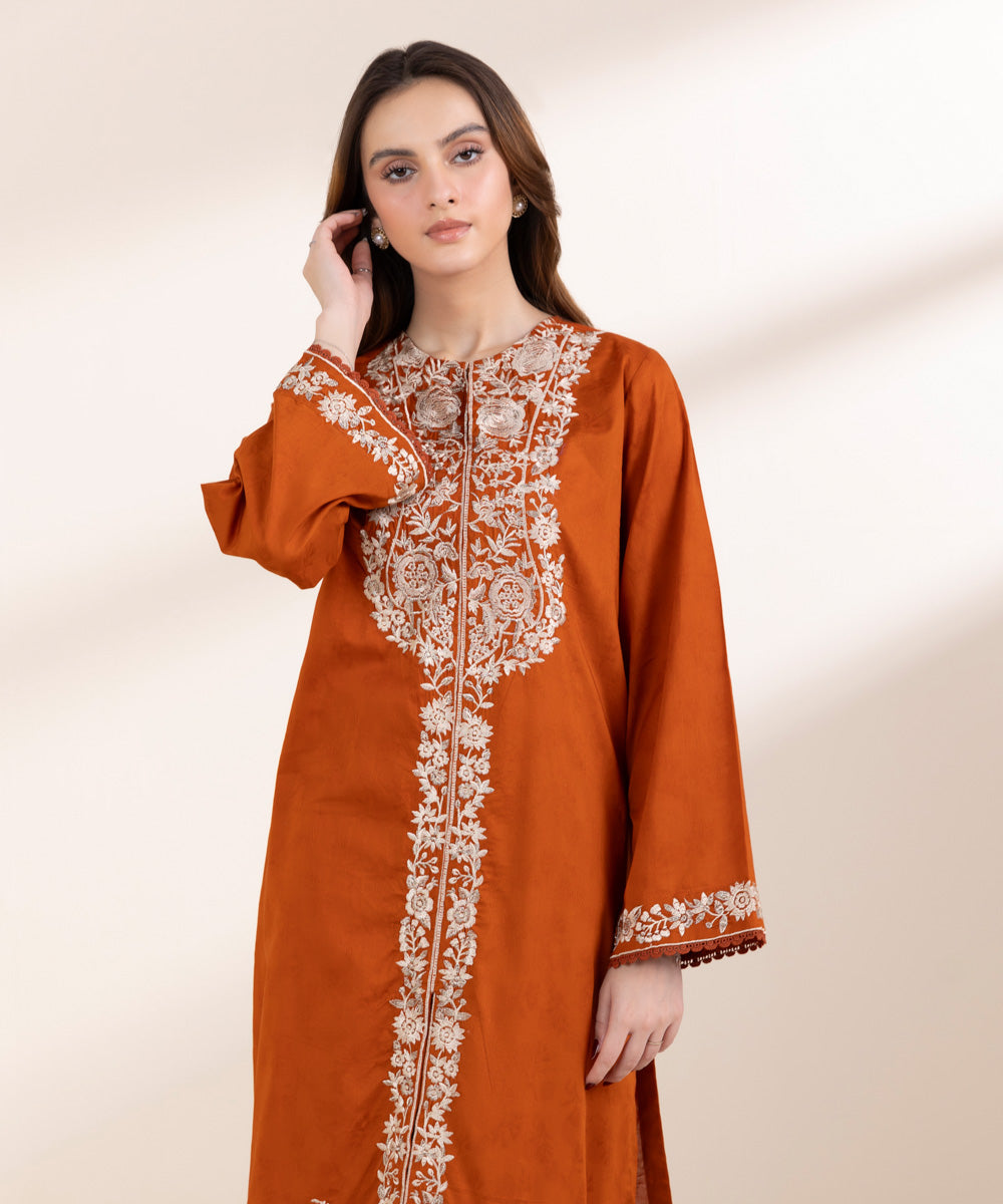 Women's Pret Cotton Jacquard Orange Embroidered A-Line Shirt