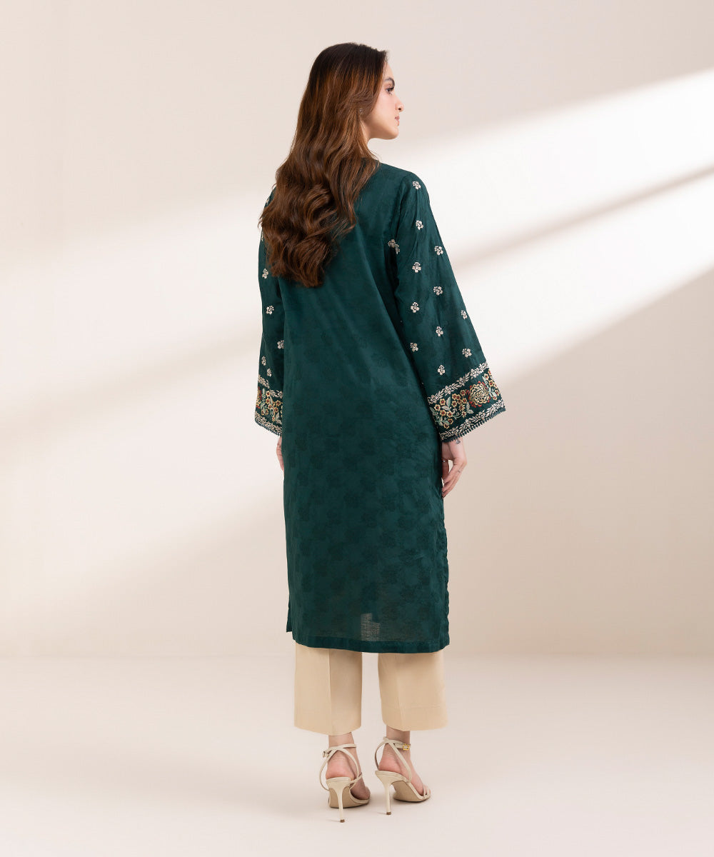 Women's Pret Cotton Jacquard Green Embroidered Boxy Shirt