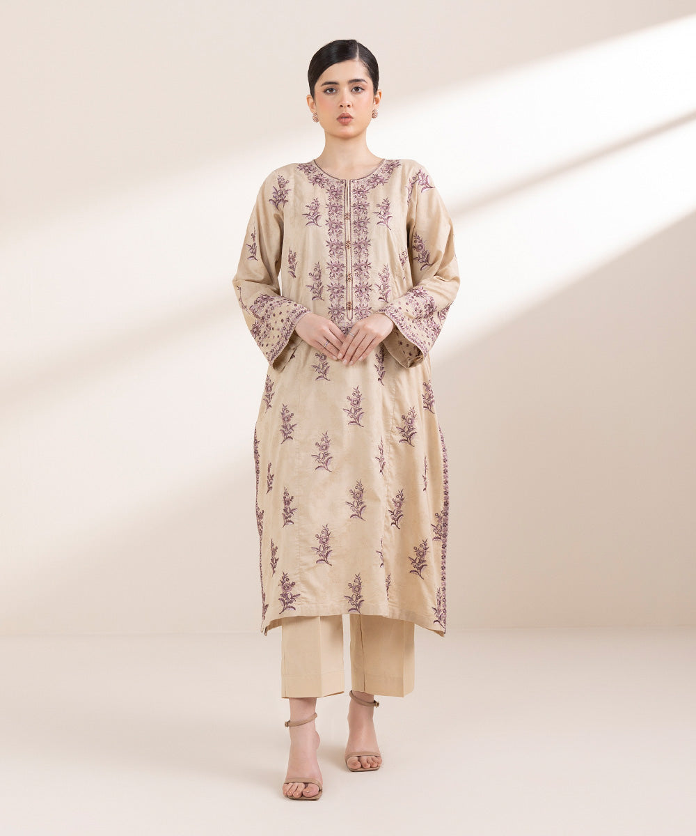 Women's Pret Cotton Jacquard Beige Embroidered A-Line Shirt