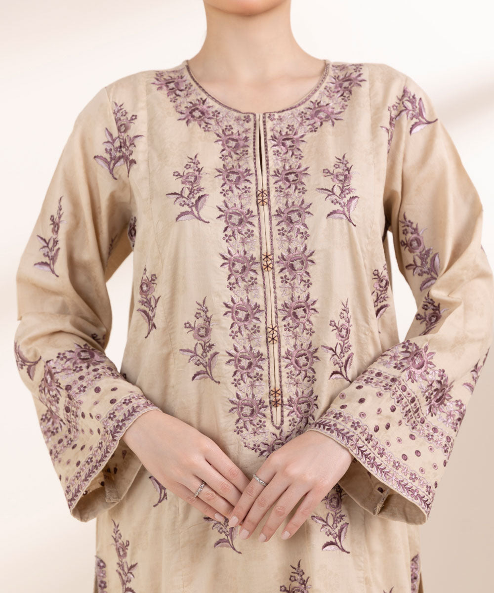 Women's Pret Cotton Jacquard Beige Embroidered A-Line Shirt