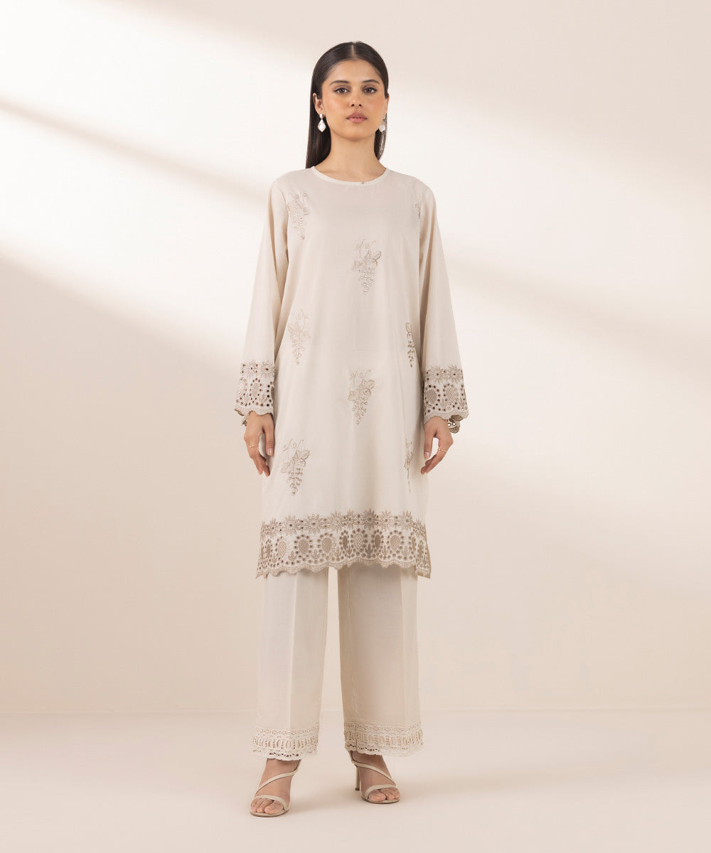 Women's Pret Lawn Off White Embroidered Straight Shirt