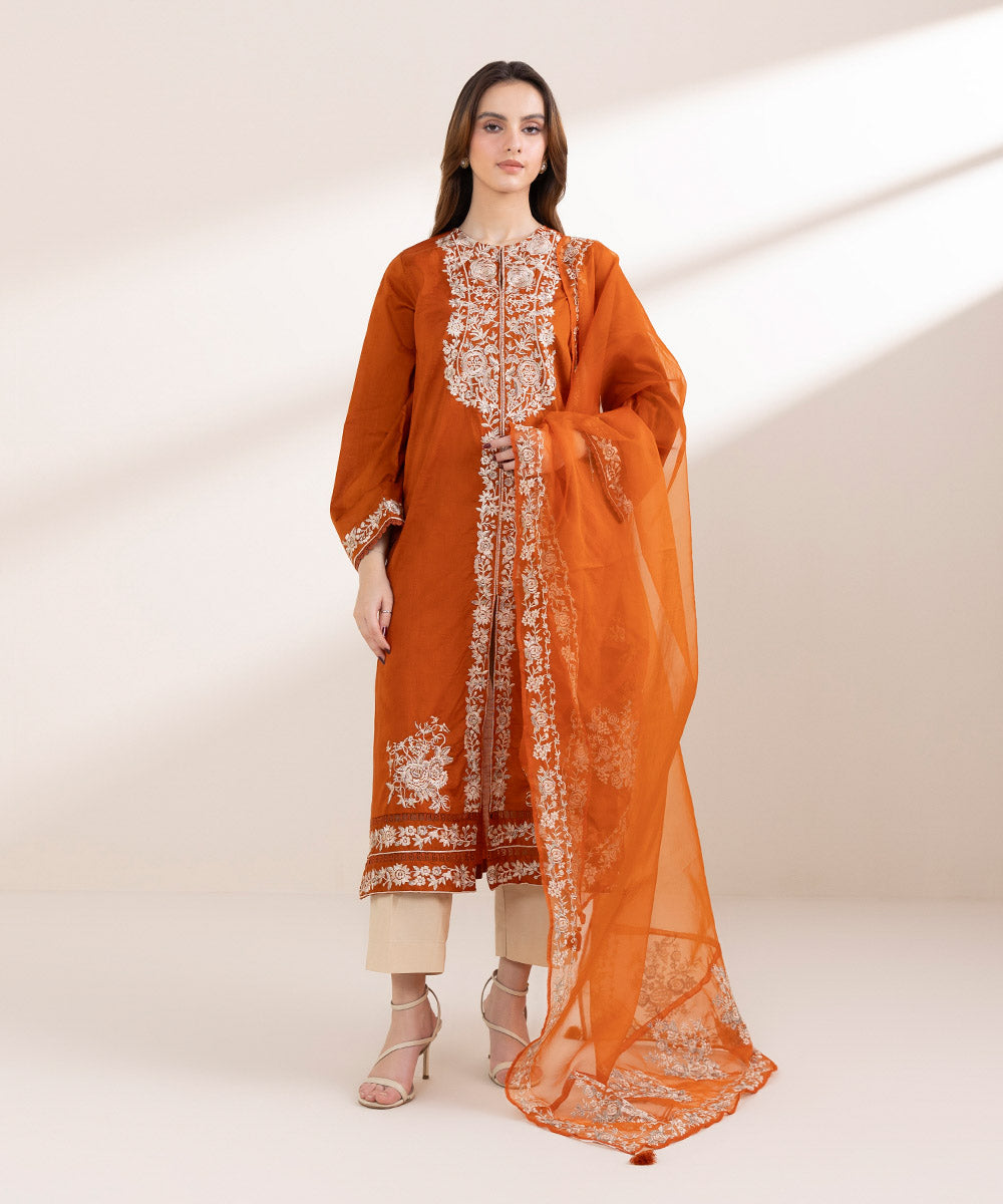 Blended Organza Orange Embroidered Dupatta