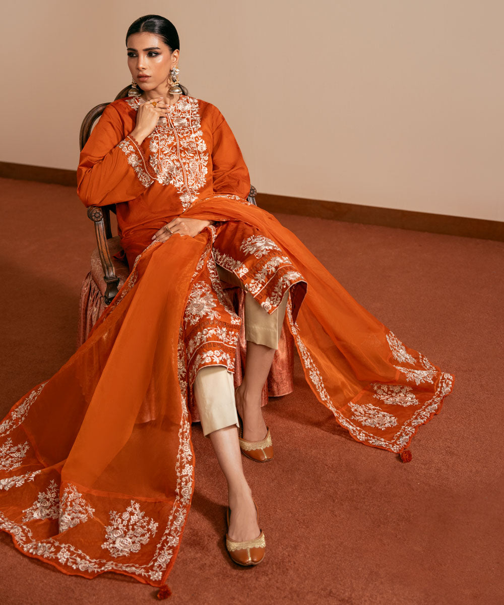 Blended Organza Orange Embroidered Dupatta