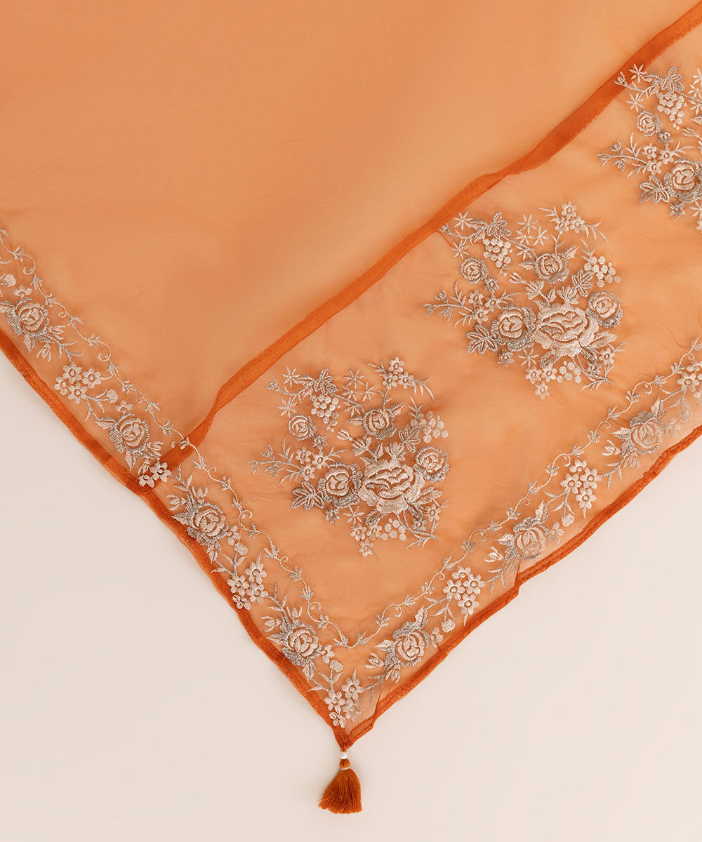 Blended Organza Orange Embroidered Dupatta