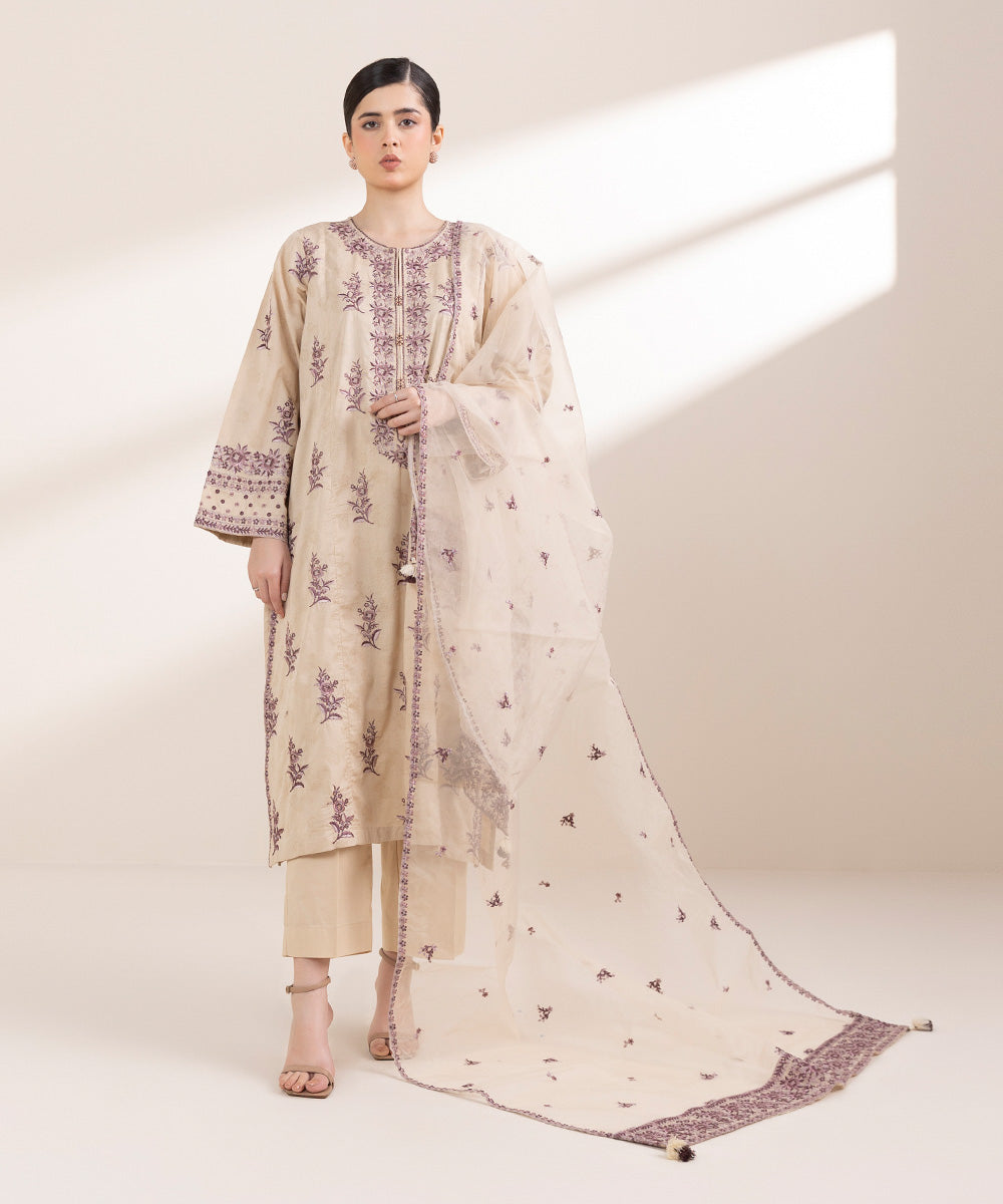 Blended Organza Beige Embroidered Dupatta