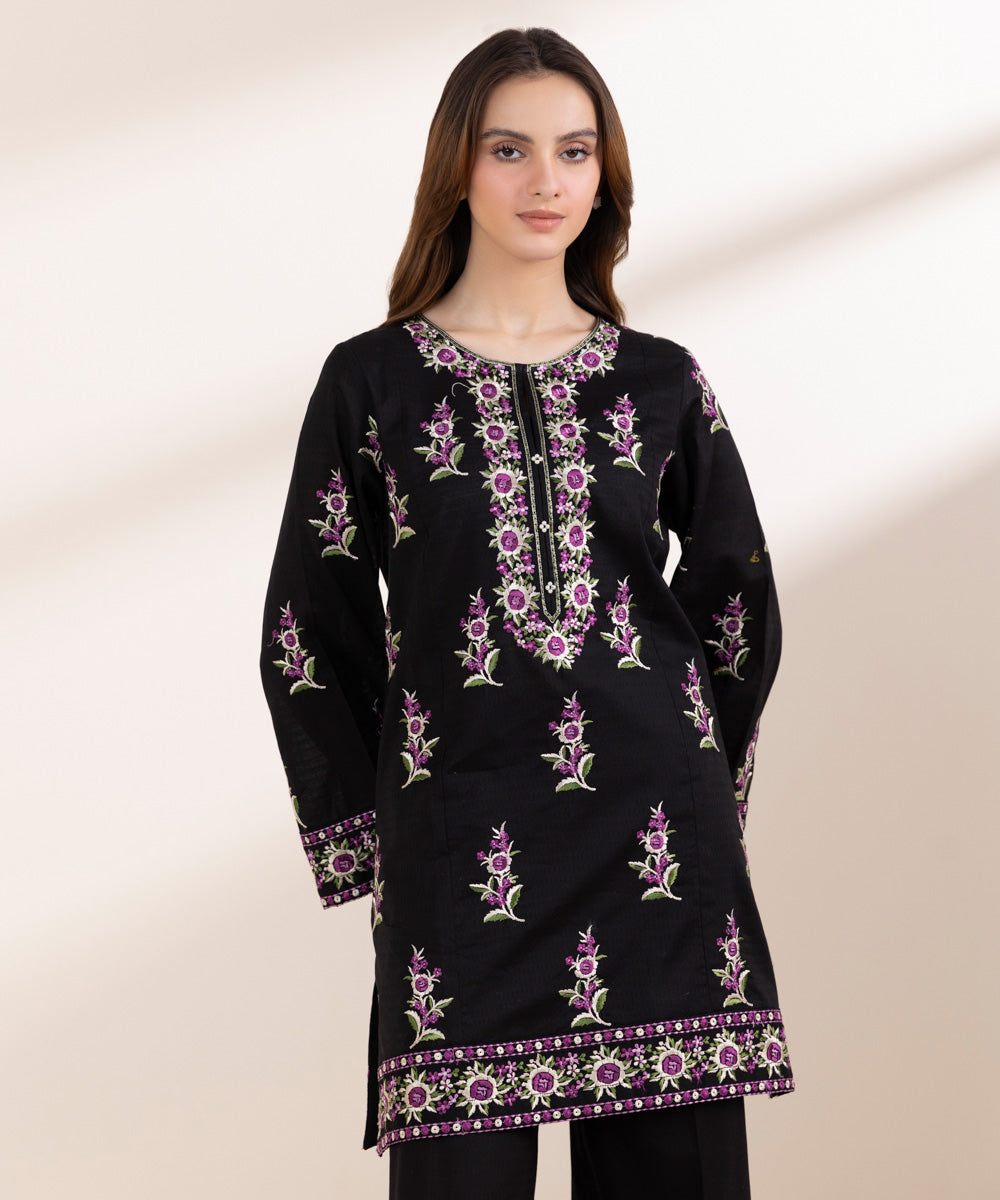 Women's Pret Dobby Black Embroidered A-Line Shirt