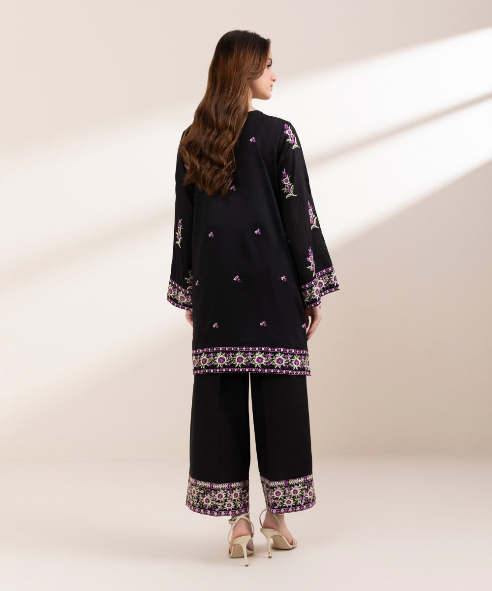 Women's Pret Dobby Black Embroidered A-Line Shirt