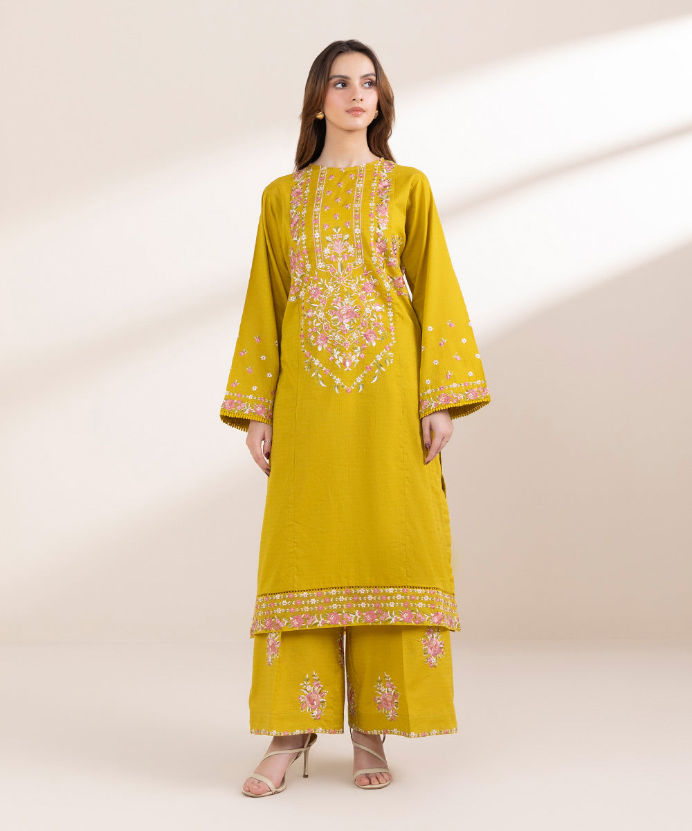 Women's Pret Dobby Yellow Embroidered A-Line Shirt