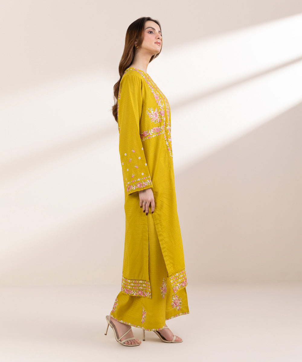 Women's Pret Dobby Yellow Embroidered A-Line Shirt