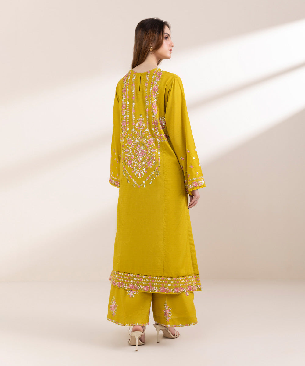 Women's Pret Dobby Yellow Embroidered A-Line Shirt