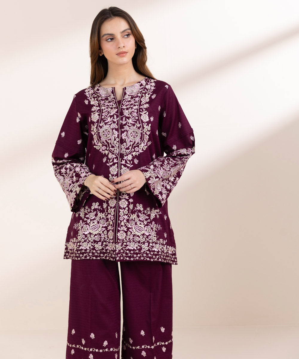 Women's Pret Dobby Purple Embroidered A-Line Shirt