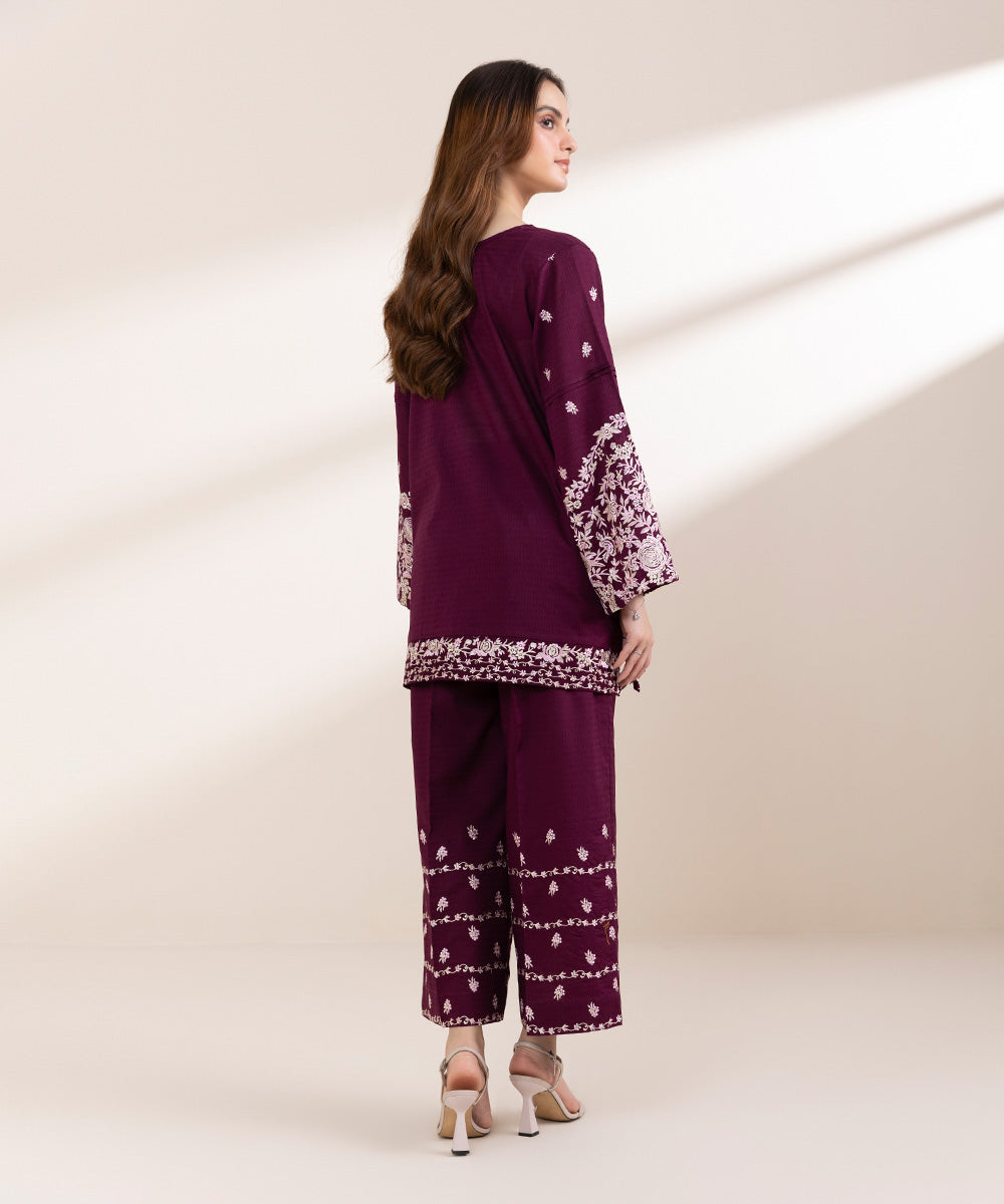 Women's Pret Dobby Purple Embroidered A-Line Shirt