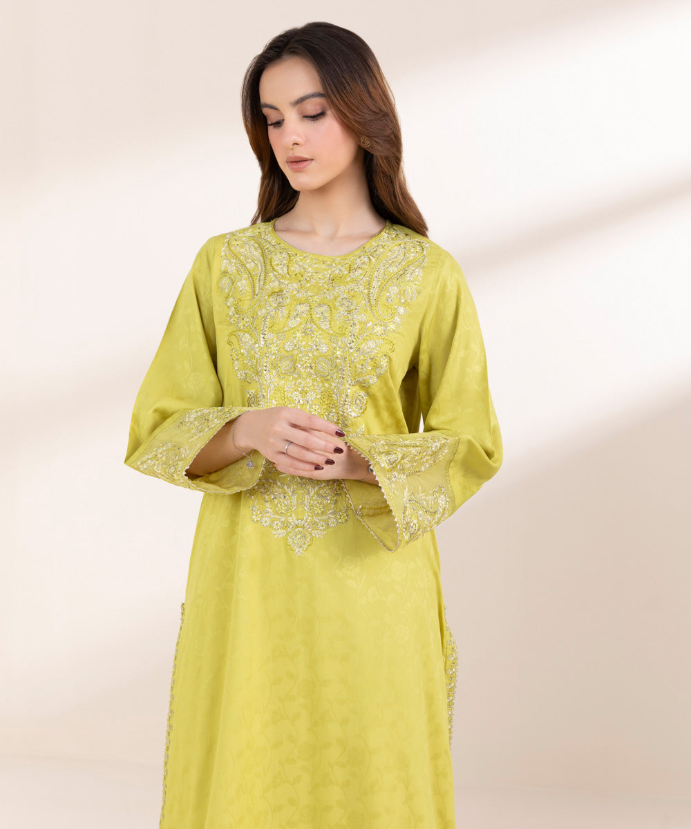 Women's Pret Cotton Jacquard Yellow Embroidered A-Line Shirt