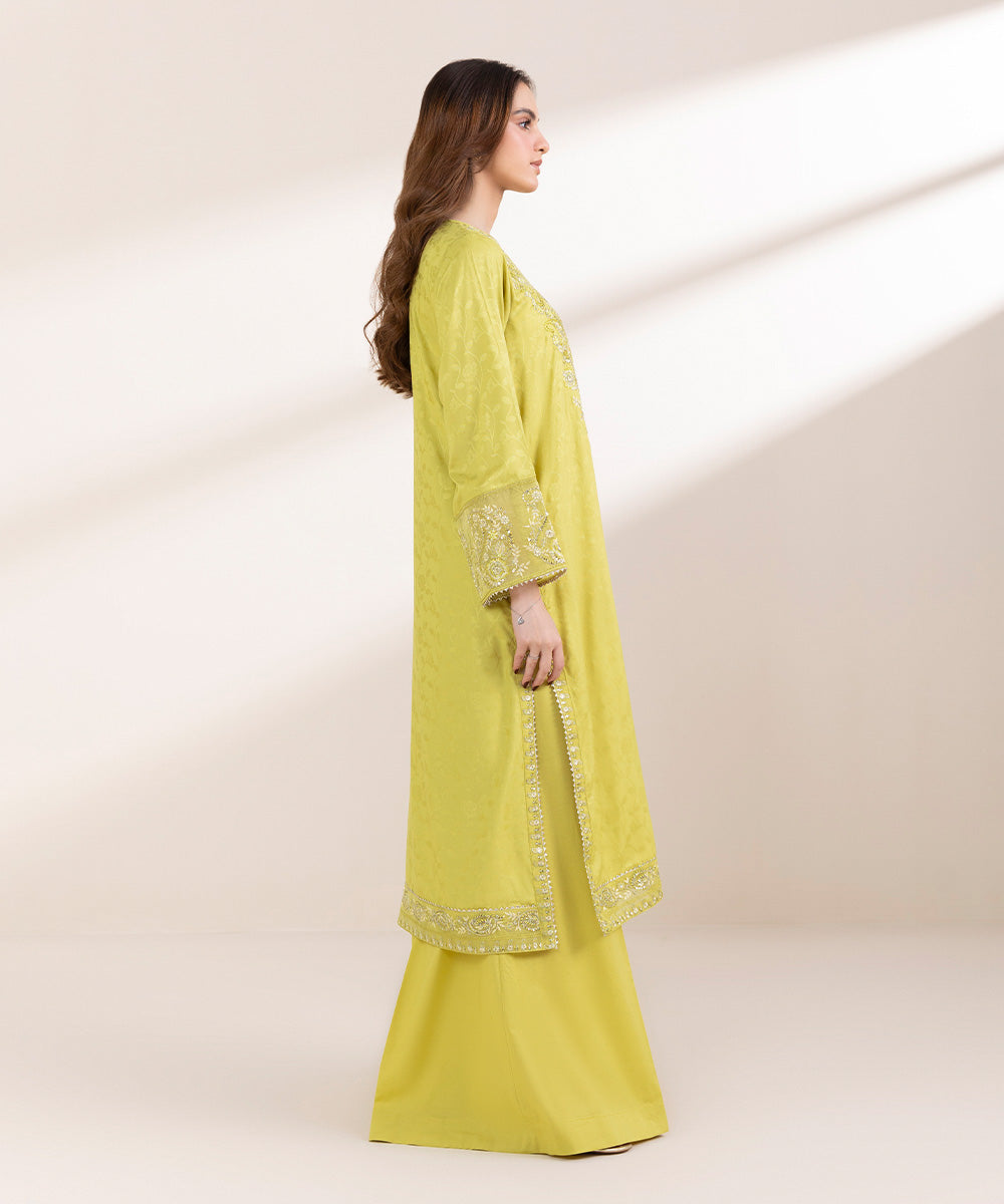 Women's Pret Cotton Jacquard Yellow Embroidered A-Line Shirt