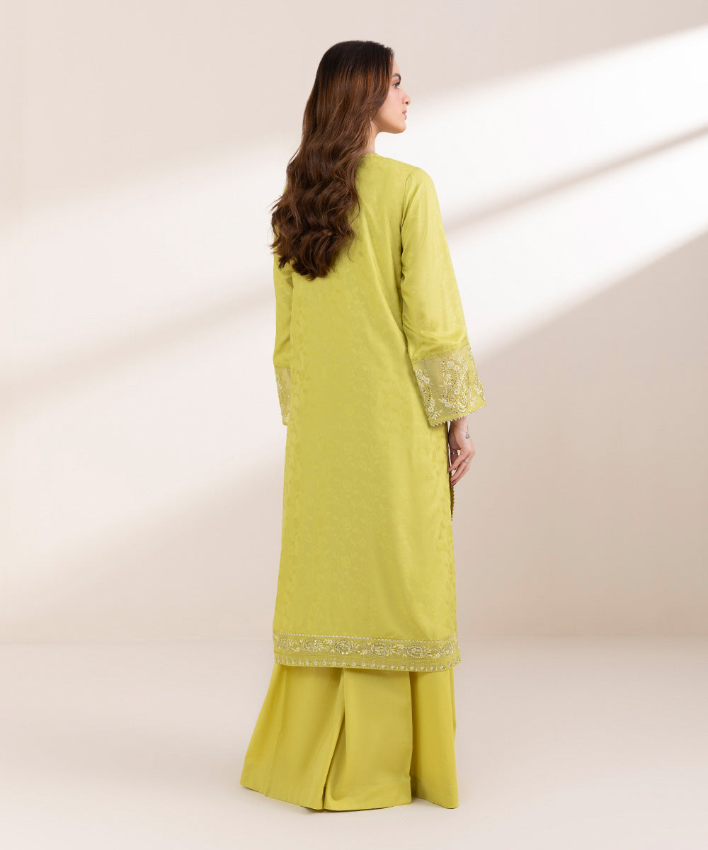 Women's Pret Cotton Jacquard Yellow Embroidered A-Line Shirt