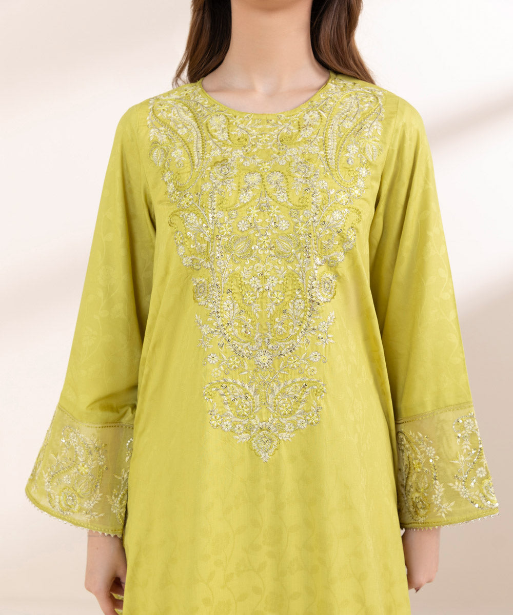 Women's Pret Cotton Jacquard Yellow Embroidered A-Line Shirt