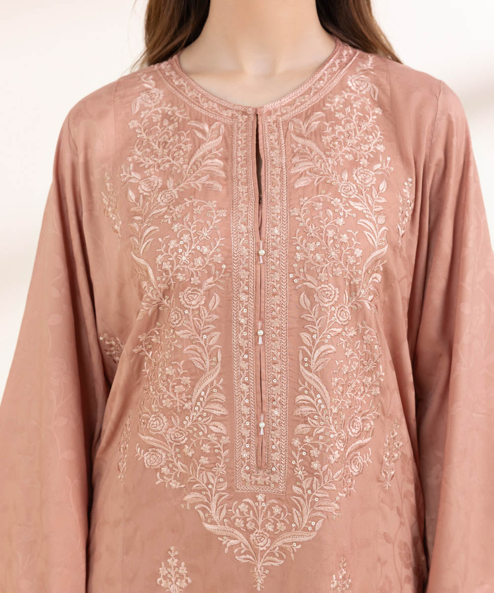 Women's Pret Cotton Jacquard Pink Embroidered A-Line Shirt