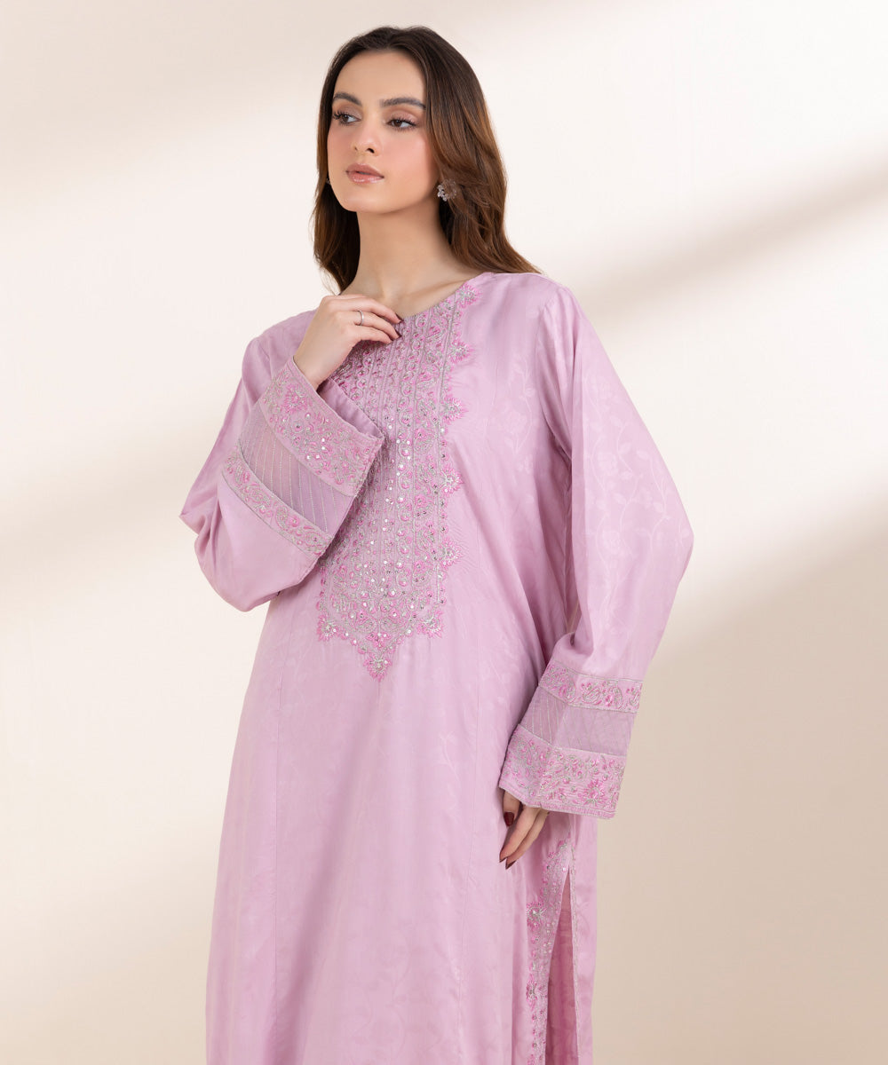 Women's Pret Cotton Jacquard Purple Embroidered A-Line Shirt