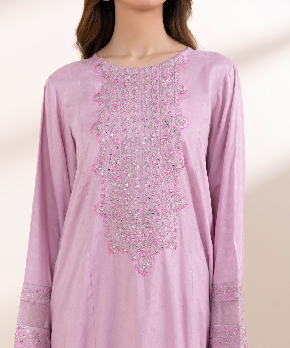 Women's Pret Cotton Jacquard Purple Embroidered A-Line Shirt