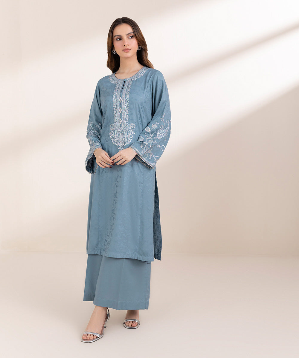 Women's Pret Cotton Jacquard Blue Embroidered A-Line Shirt