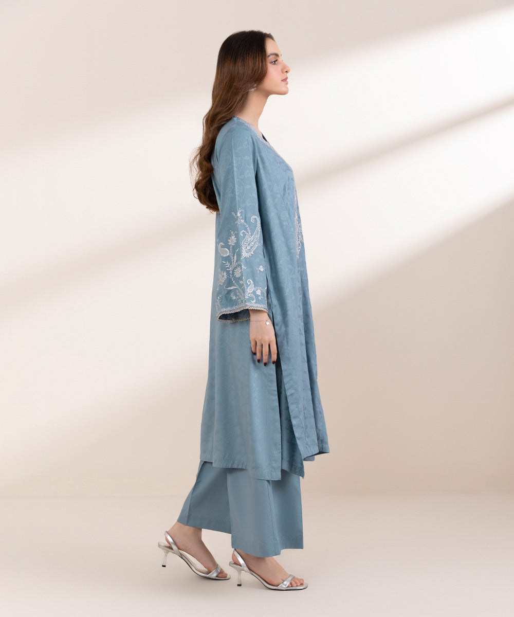 Women's Pret Cotton Jacquard Blue Embroidered A-Line Shirt