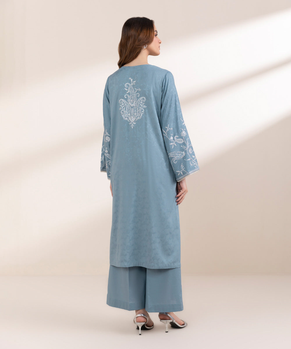 Women's Pret Cotton Jacquard Blue Embroidered A-Line Shirt