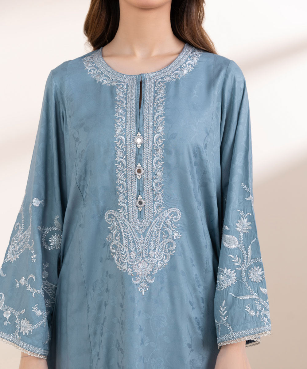 Women's Pret Cotton Jacquard Blue Embroidered A-Line Shirt