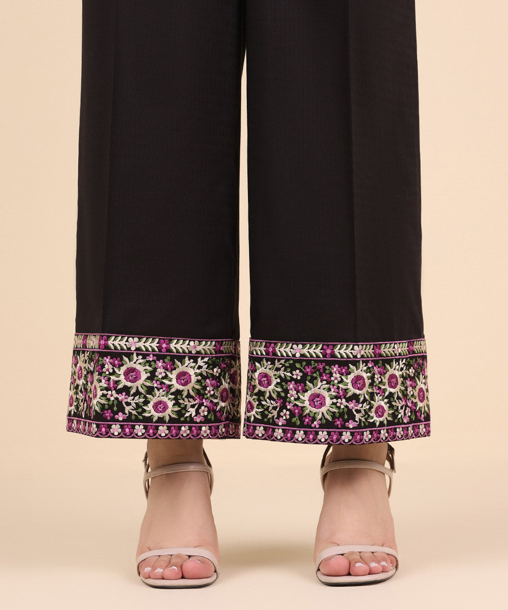 Women's Pret Dobby Black Embroidered Culottes