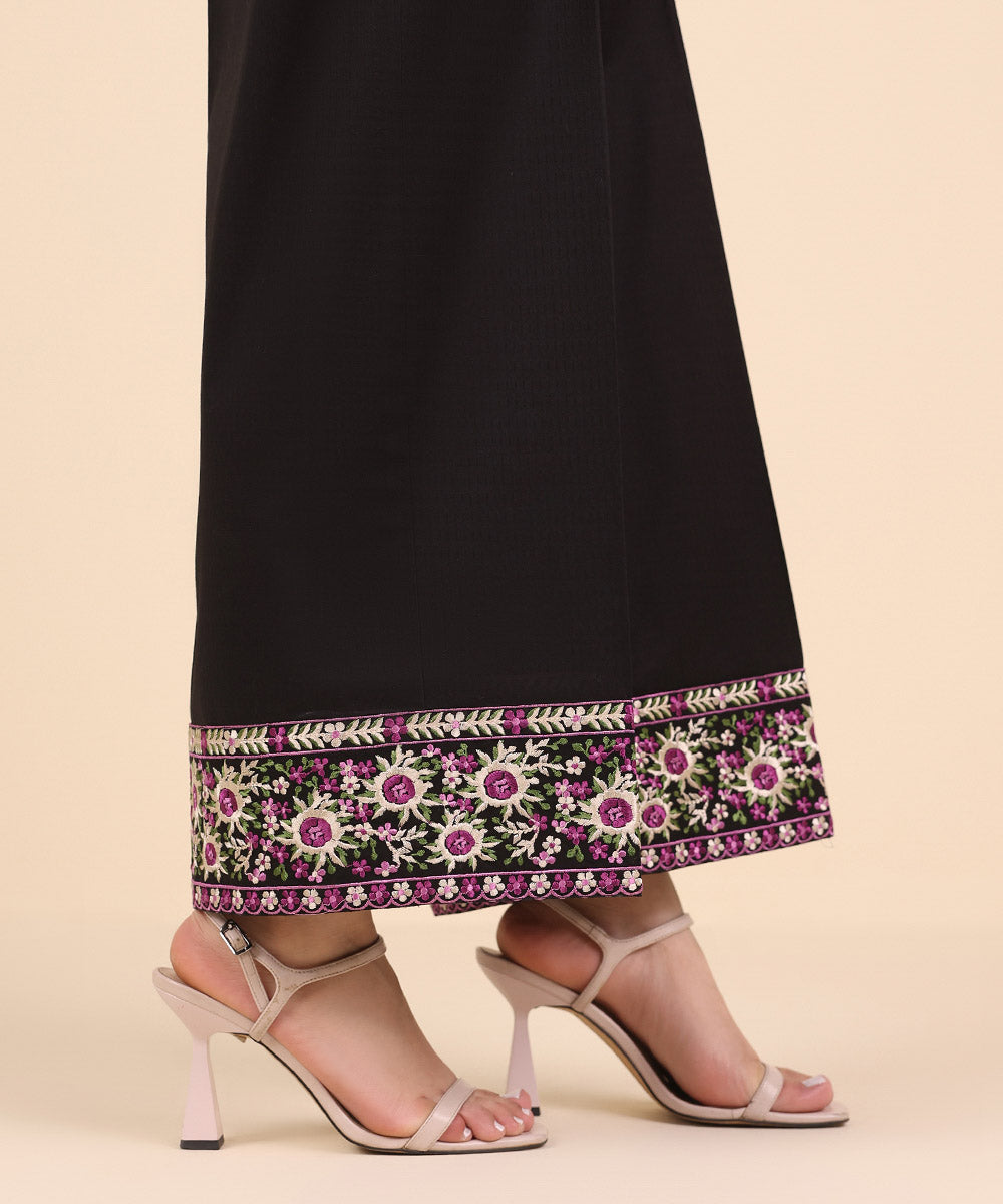 Women's Pret Dobby Black Embroidered Culottes