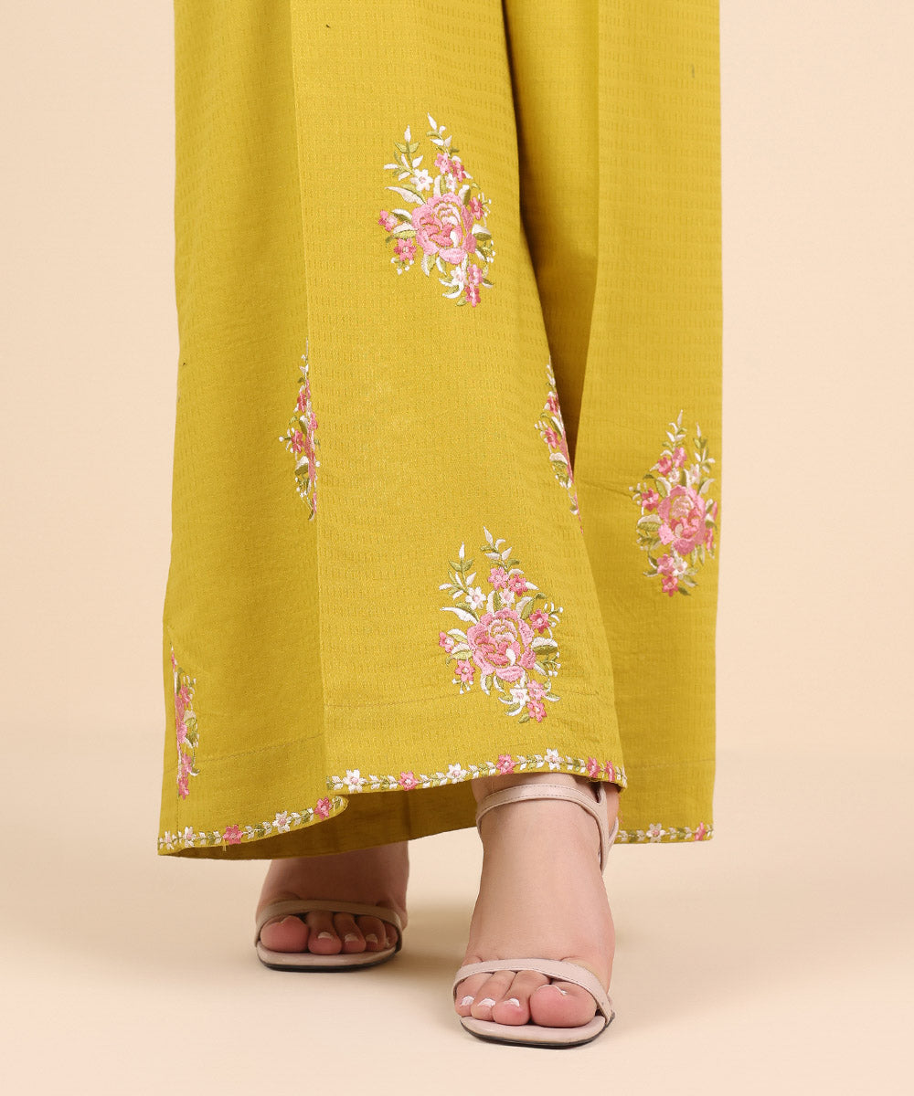 Women's Pret Dobby Yellow Embroidered Flared Pants