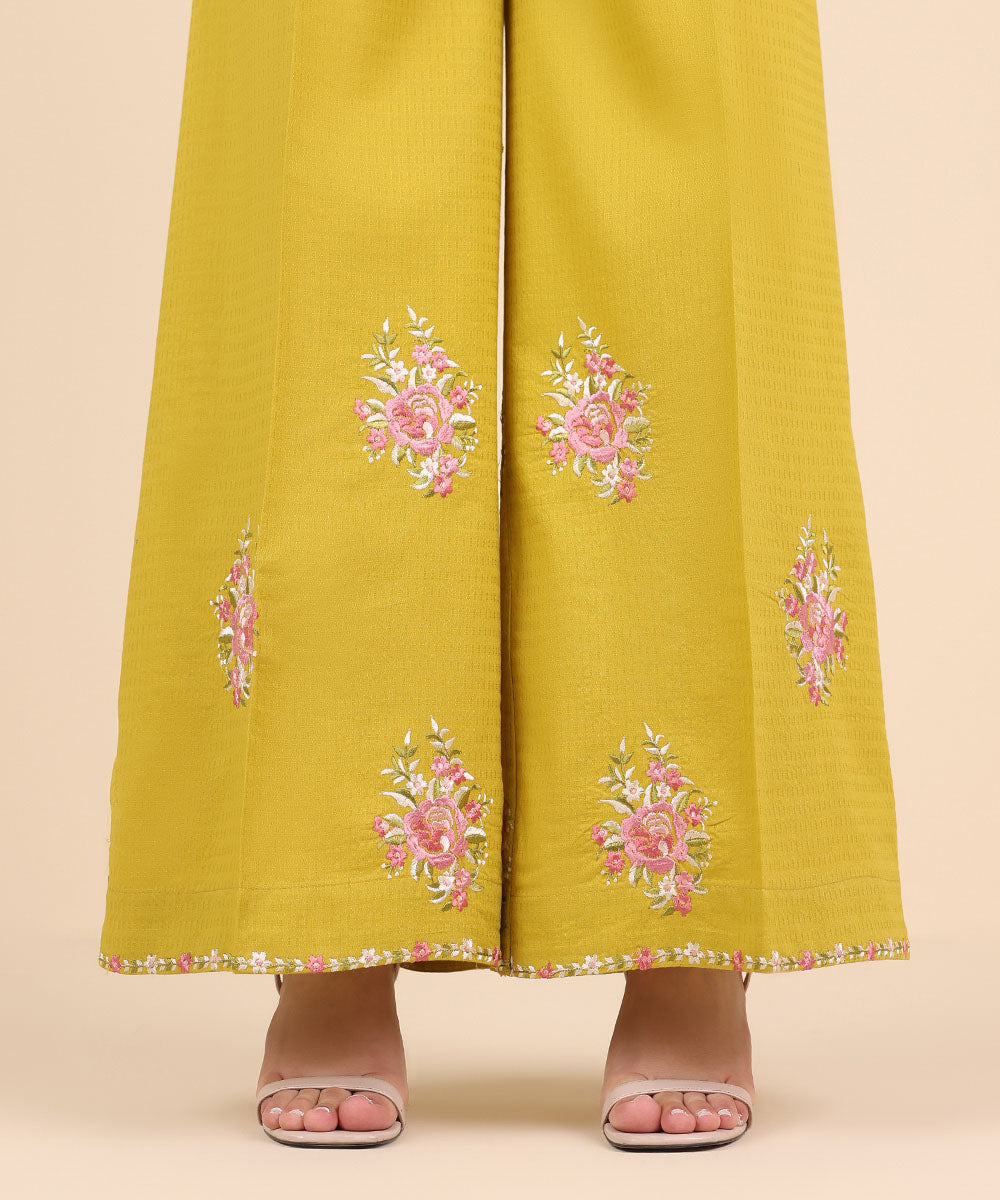 Women's Pret Dobby Yellow Embroidered Flared Pants