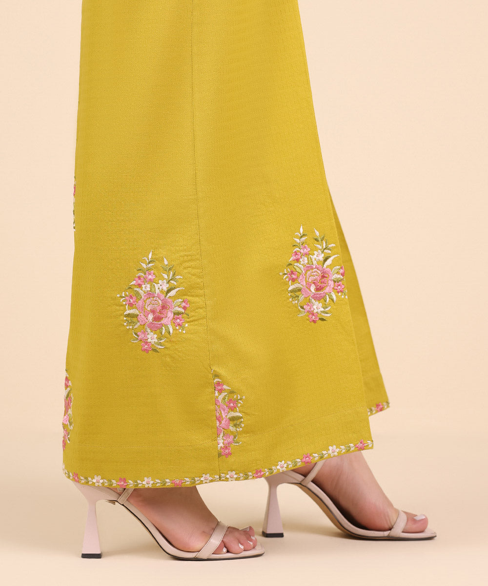 Women's Pret Dobby Yellow Embroidered Flared Pants