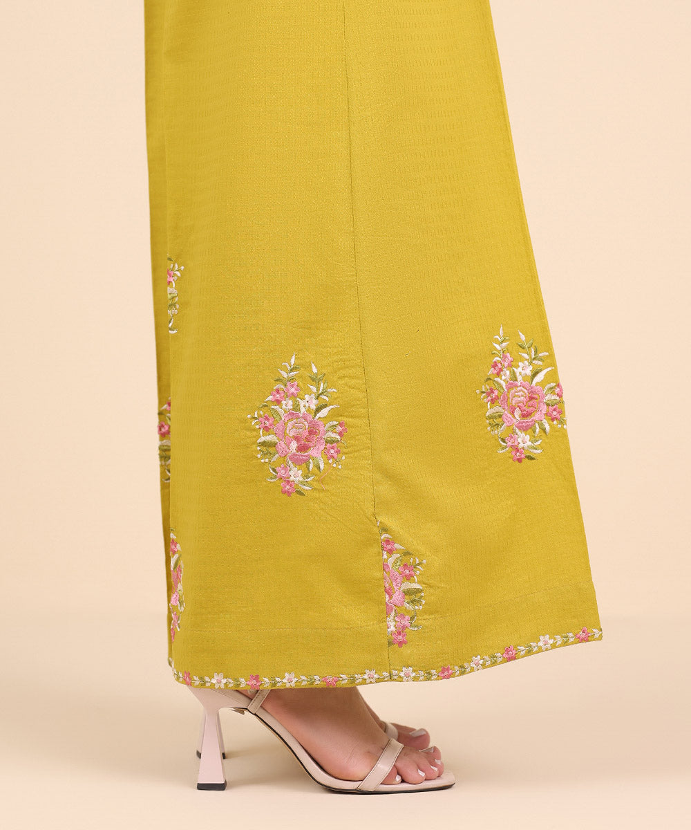 Women's Pret Dobby Yellow Embroidered Flared Pants