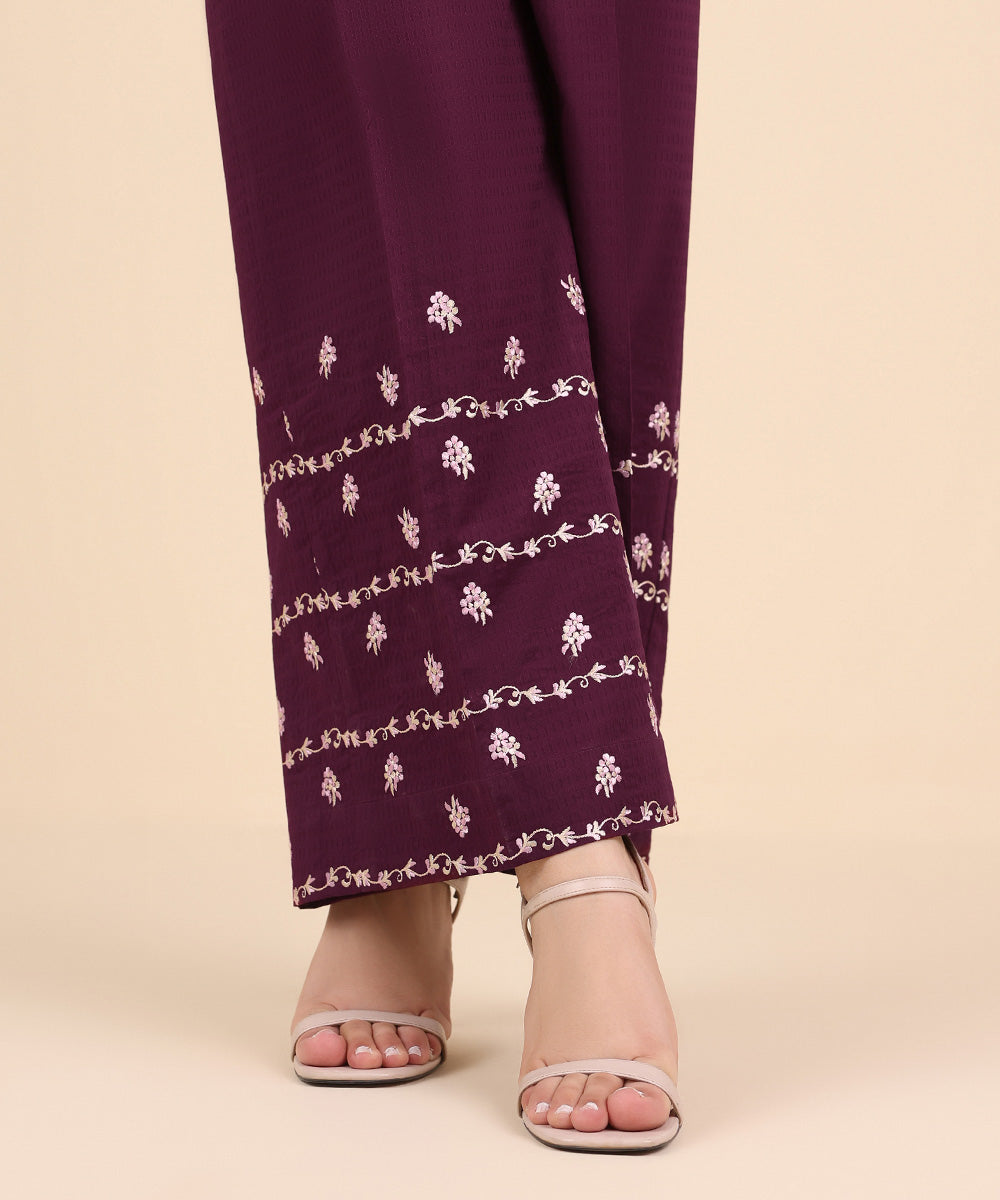 Women's Pret Dobby Purple Embroidered Culottes