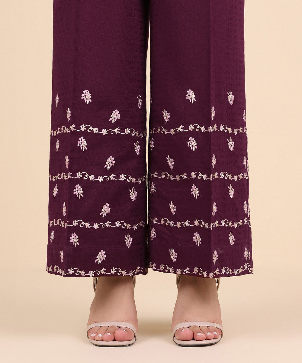 Women's Pret Dobby Purple Embroidered Culottes