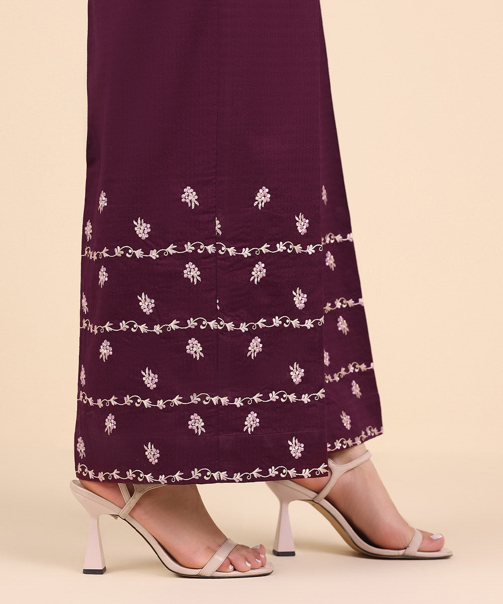 Women's Pret Dobby Purple Embroidered Culottes