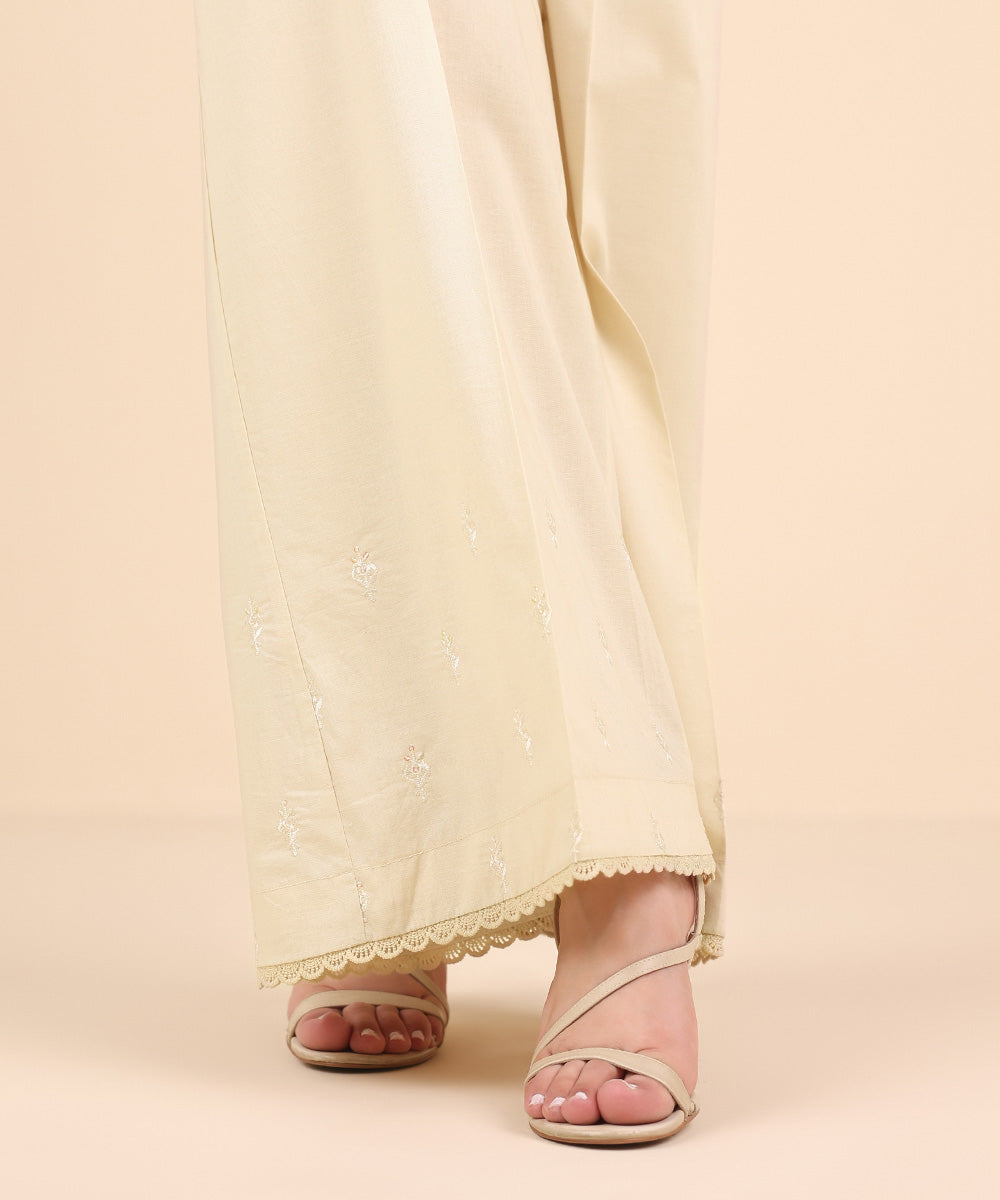 Women's Pret Cambric Beige Embroidered Flared Pants